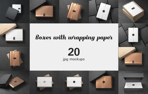 20种样式黑白玫瑰金礼品盒包装样机模板 20 Boxes with wrapping paper