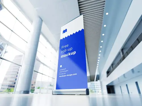 走廊易拉宝海报场景设计展示样机PSD模板 Roll up mockup 样机模版