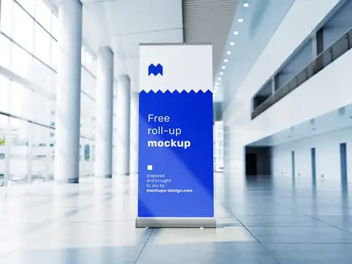 走廊易拉宝海报场景设计展示样机PSD模板 Roll up mockup 样机模版