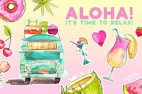 夏日度假主题水彩插画元素 Aloha!!! Time to
