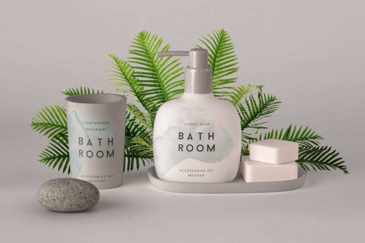 整套浴室Psd化妆品套装样机 Bathroom Psd Cosmetic Set Mockup