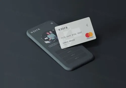 银行卡/信用卡外观设计样机模板 Cell Phone with Credit Card Mockup