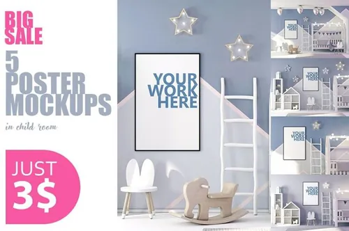 PSD儿童房帆布海报框架Mockups样机PSD Posters Mockup in Child Interior