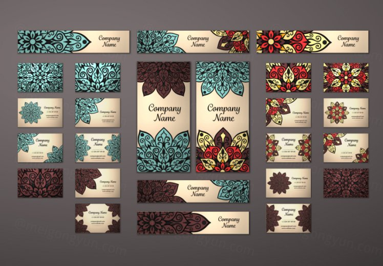 传统复古花卉曼荼罗名片请柬横幅图案背景矢量设计素材Big templates set