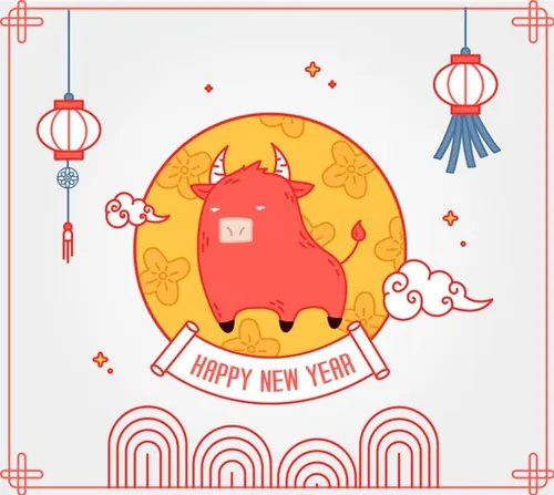 2021年辛丑年牛年可爱矢量插画素材 Happy New Year