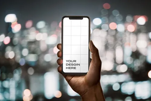 手持最新智能手机都市夜景场景iPhone样机UI提案素材APP设计展示模板