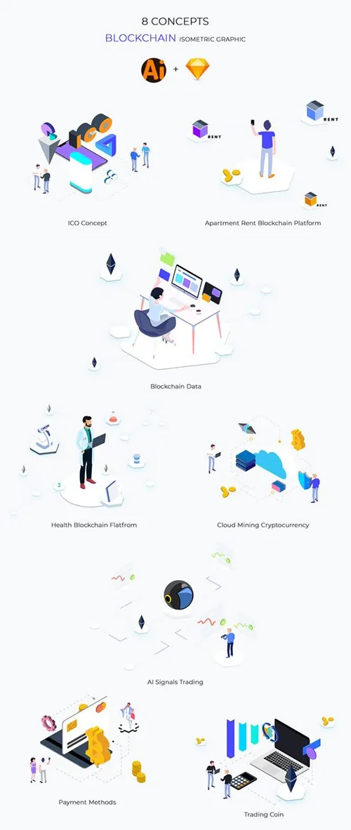 一套完美的区块链Blockchain概念特征矢量2.5D插图下载 Blockchain Isometric Graph...
