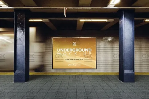 超酷的地铁列车户外广告牌动态动画演示样机PSD模板 3D Underground / Subway Mock-up