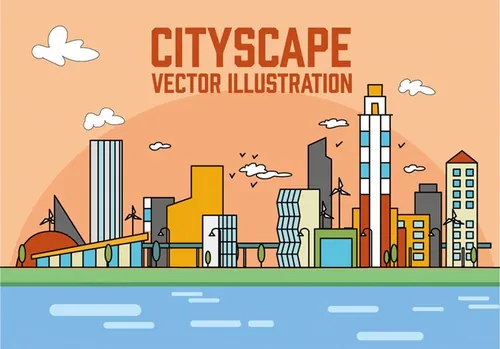 简线海滨城市矢量图Peach Linear City Vector Illustration