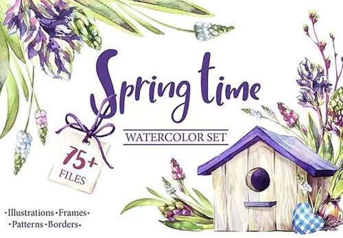 水彩春天装饰花卉鸟笼礼品婚礼花环PNG免抠设计素材