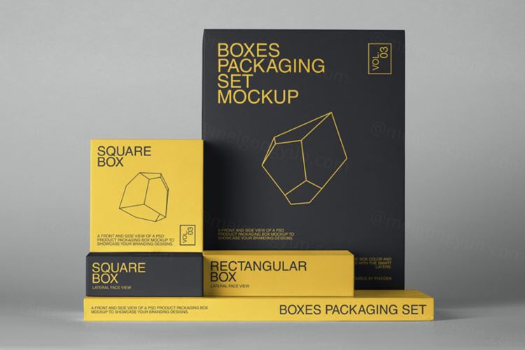一整套具有不同尺寸的psd盒子包装样机 Psd Boxes Packaging Pack Mockup 3