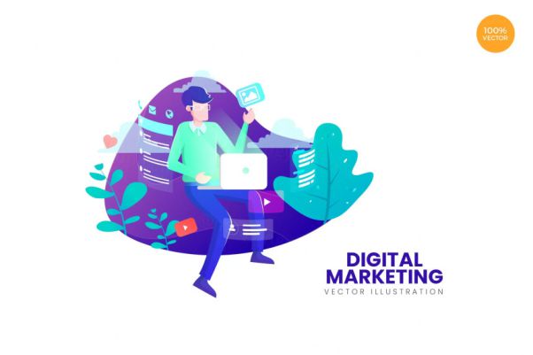 数字营销主题APP网站设计矢量概念插画