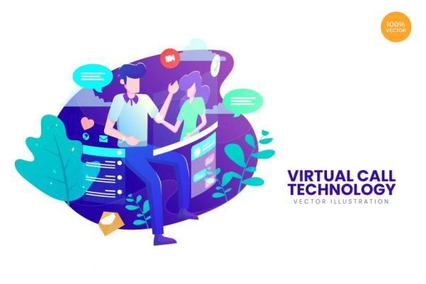 虚拟呼叫技术主题APP网站设计矢量概念插画