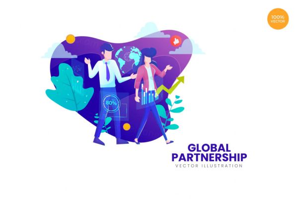 全球伙伴关系主题APP网站设计矢量概念插画
