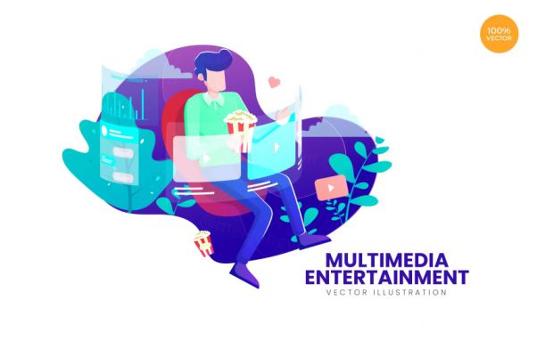 多媒体娱乐主题APP网站设计矢量插画