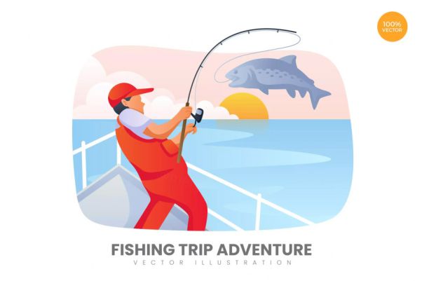 出海钓鱼旅行矢量概念插画 Fishing Trip Adventure