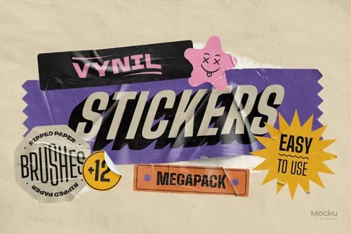 潮流做旧仿旧不干胶贴纸撕纸纹理海报样机模板 Vynil stickers
