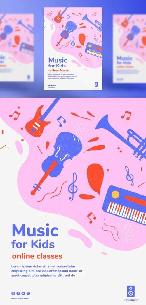 儿童音乐培训班兴趣班新媒体宣传海报模板 Kids music platform landing page template