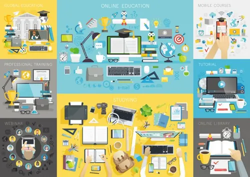 在线教育移动课程网络研讨会培训在线图书馆工作场所矢量插图Online education set