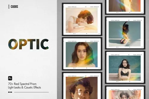 70+复古光谱棱镜漏光焦散光线效果PS叠加层 OPTIC |
