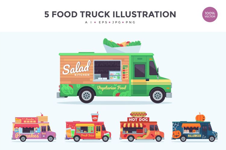 5款快餐车矢量插画素材 5 Food Truck Vector Illustration Set 3