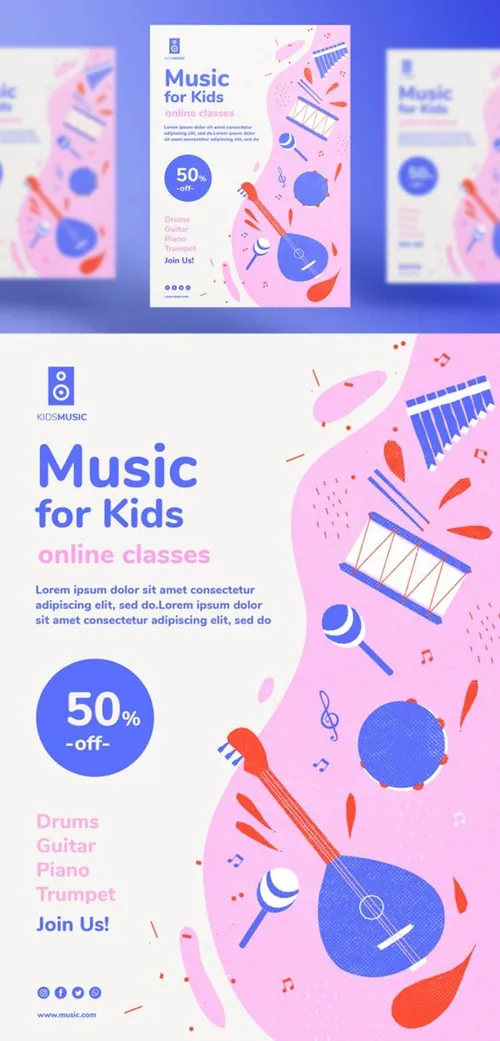 儿童音乐培训班兴趣班新媒体宣传海报模板 Kids music platform landing page template
