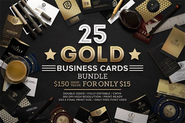 25款金色质感名片精美模板PSD源文件25 Gold Business Cards Bundle