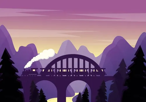 矢量紫色桥梁铁路景观插图Vector Purple Landscape With Bridge