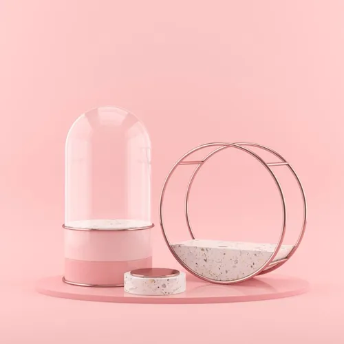 3D渲染金属几何悬浮产品台子舞台抽象粉色背景素材