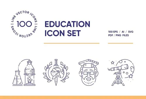 科学教育全领域主题线稿矢量图标合辑 Education an