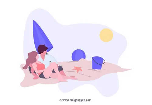 扁平化风格情侣海边度假场景矢量元素Flattened vector elements