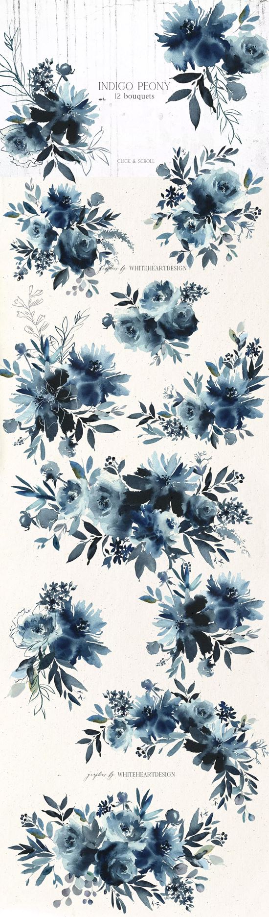 靛蓝牡丹花水彩花卉剪贴画 Indigo Peony Wate