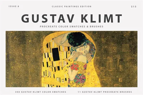 世界名画石墨水粉画釉面油画布金箔纹理笔刷 Gustav Klimt\'s