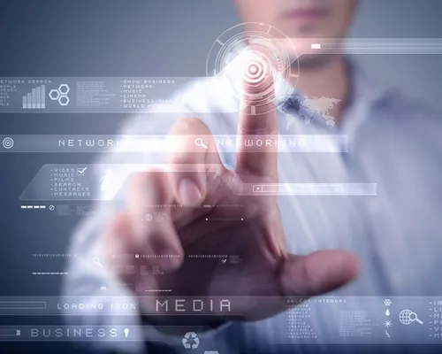 触摸屏技术下的企业站立与工作科技矢量图Touch screen technology