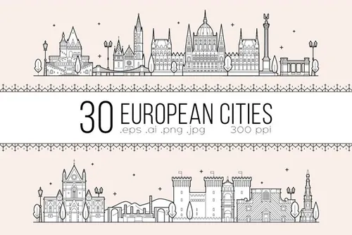 30款欧洲城市地标钢笔画矢量插画 Collection of