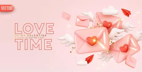 高质量情人节七夕三八妇女节母亲节3D卡通天使翅膀信封图标元素