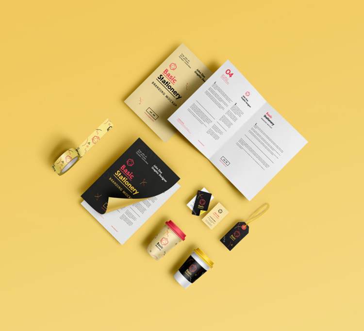 黄色主题VI整套提案贴图样机PSD模板Basic Stationery Branding