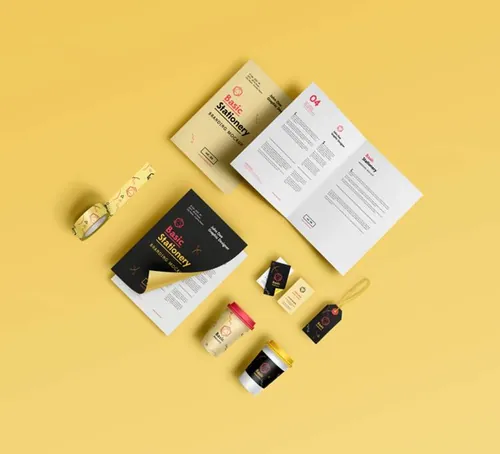黄色主题VI整套提案贴图样机PSD模板Basic Stationery Branding