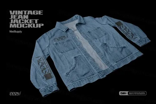 街头潮牌服饰摇滚牛仔外套服装设计展示样机模板 Vintage Jean Jacket Mockup 3Q View
