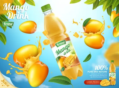 黄色芒果汁饮料水花飞溅AI矢量海报设计素材模板Summer Drinks 07