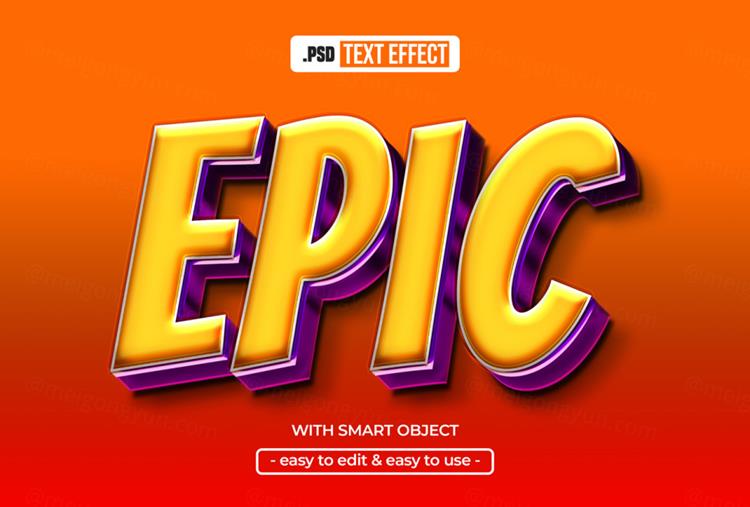 高质量紫色金色3D金属光泽立体文字特效PSD模板素材 Epi