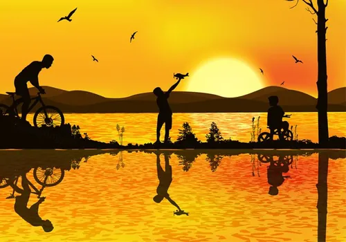 湖边日落玩耍剪影矢量插图Bicicleta Sunset Free Vector