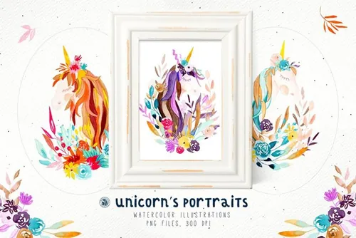 独角兽的肖像鲜花水彩插画Unicorn\'s Portrait