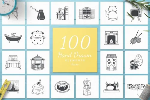 100个手绘家居用品的矢量图形素材下载100 Hand Dr