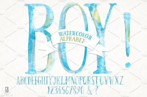 手绘的天空蓝色水彩字母 Watercolor baby bo