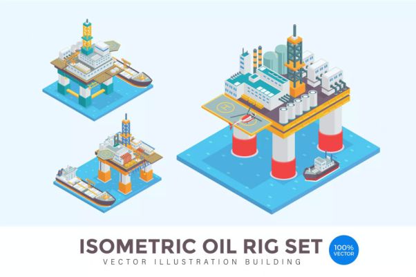 海上石油钻机等距概念插画 Isometric Oil Rig Vect