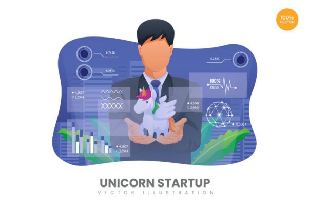 独角兽项目启动主题APP网站设计矢量概念插画