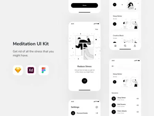 简约风格冥想APP移动应用程序UI套件