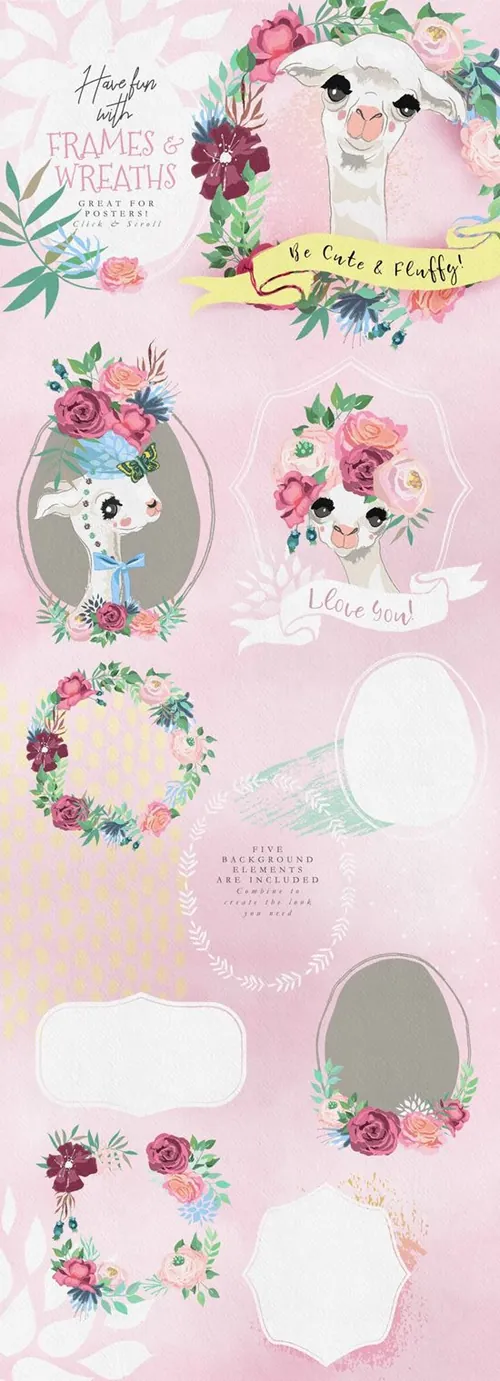 130+手绘水彩热带骆驼装饰品花环等矢量素材 Oh La L