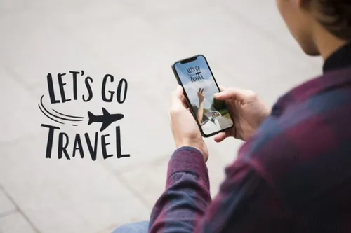 手持iphone手机展示样机 Let’s go travel and man looking